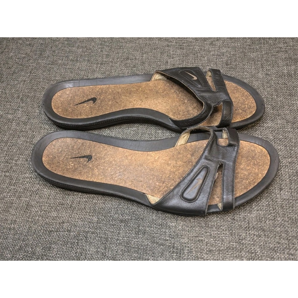 NIKE Sandals Women's Sz 11 Black Leather Slip On Flip Flops Cork Insoles Shoe